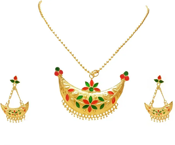Assamese_Traditional_Gold_Plated_Red_Green_Colour_Joonbiri_Chain_Jewellery_Set_For_Women